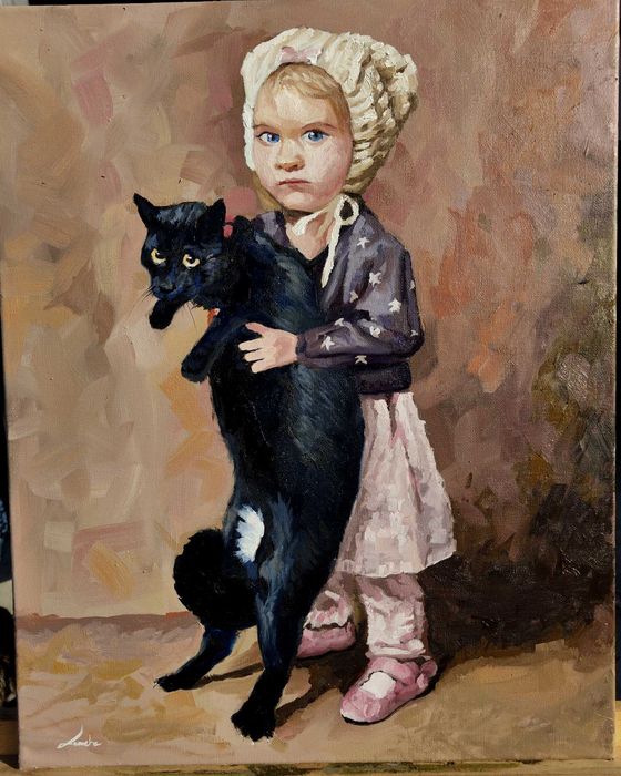 Dziecko z kotem. Olej na płótnie 30x40cm