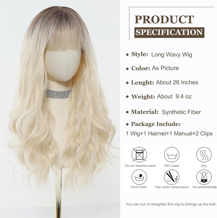 Długa Blond Peruka Z Grzywką Fale Ombre