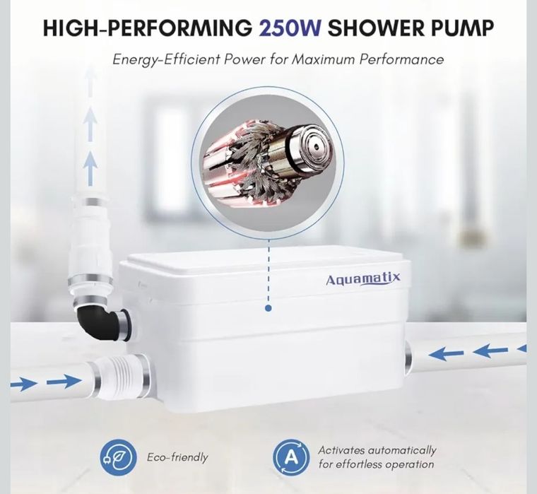 Bomba de Chuveiro Aquamatix Duscha 250W com Triturador, Compacta, para Esgoto de Banheiro, com Alcance Vertical de 10m e Vazão de 135L/min,
