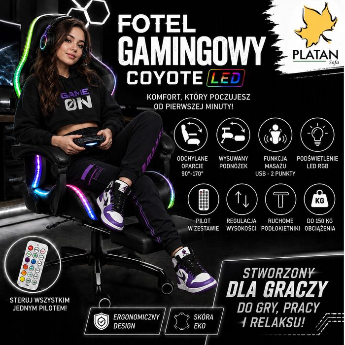 Fotel Gamingowy Dla Gracza Krzesło Biurowe Podnóżek + Masaż + LED + Pilot