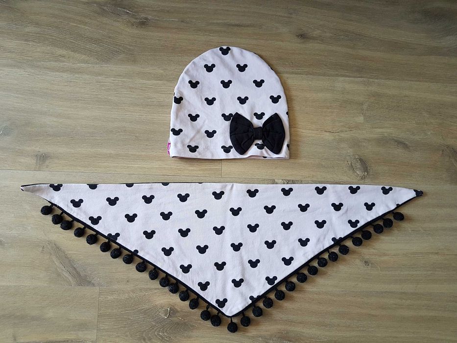 BABI bawełniana czapka i chusta z pomponami obwód 46cm 12-24 miesiące