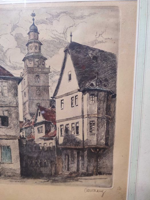Akwaforta — „Stara miejska uliczka z wieżą”