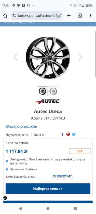 5x114,3 19 cali 9,5 szerokosc et 45 autec jak nowe demo
