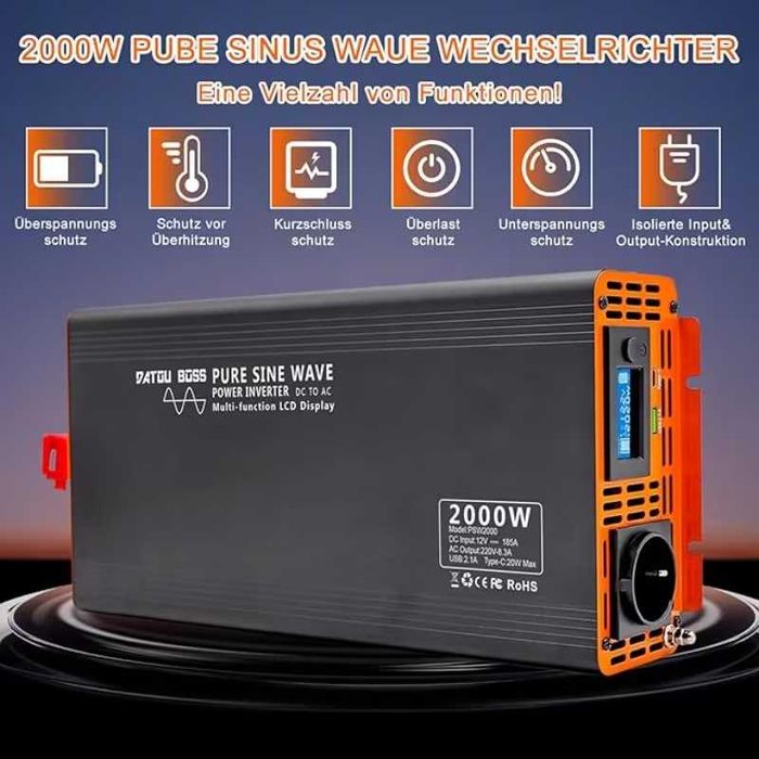 Инвертор 12v 220v DATOUBOSS 2000W(4000W)Чистый синус.