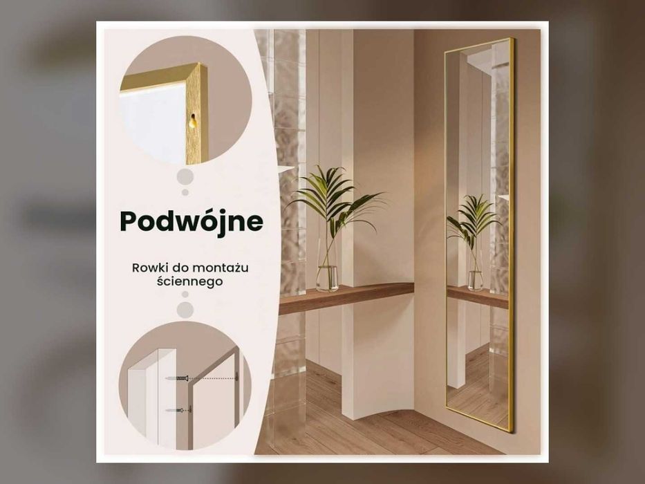 Nowe Lustro Stojące 160x40 cm Podłogowe Wolnostojące Ścienne 2w1 Złota Rama Duże