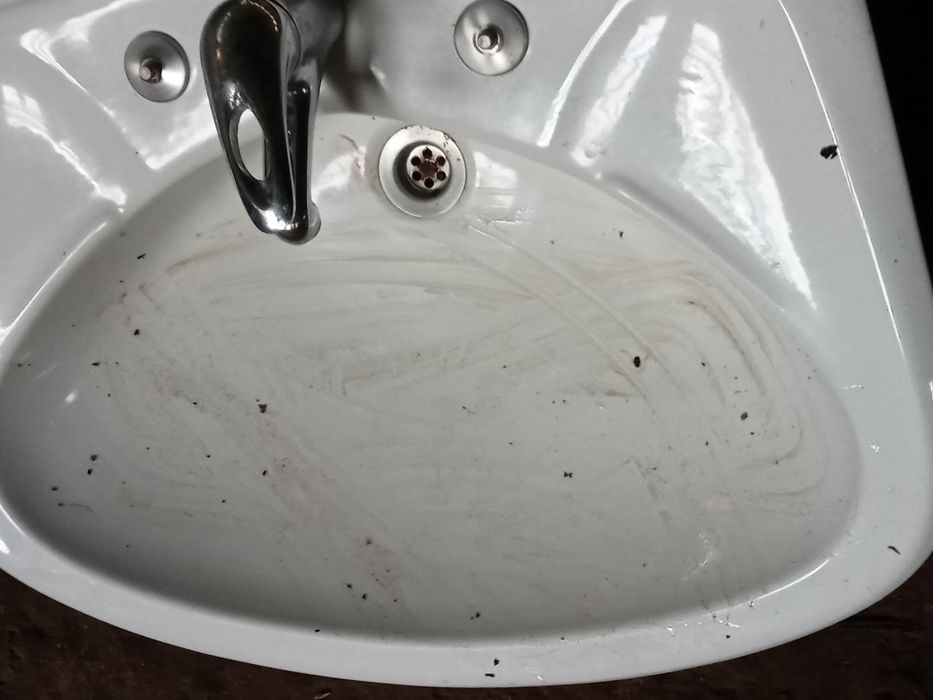 Vendo espelho de casa de banho, um lavatório, e uma sanita.