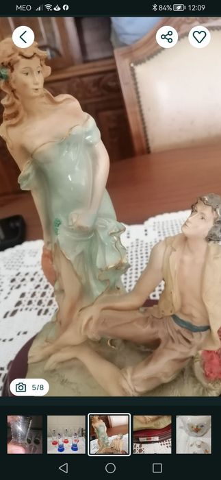 Nossa Senhora em gesso +Estatueta em marfinite com base em madeira+ fruteira em metal