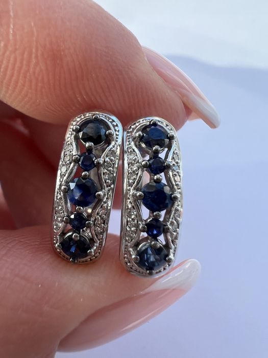 Золотые серьги с  бриллиантами и сапфирами белое золото 585 проба