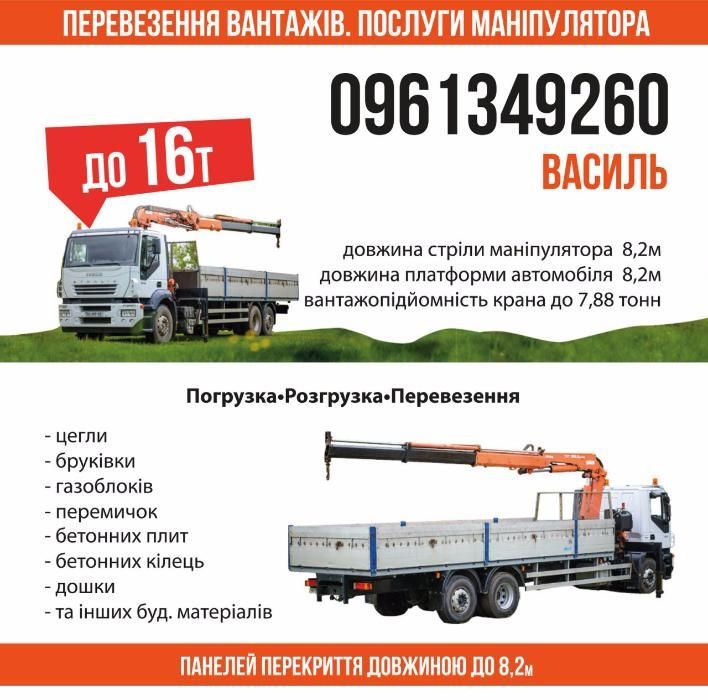 Кран маніпулятор Перевезення: продаж: панелі\плити перекриття\Цегла\Газоблок