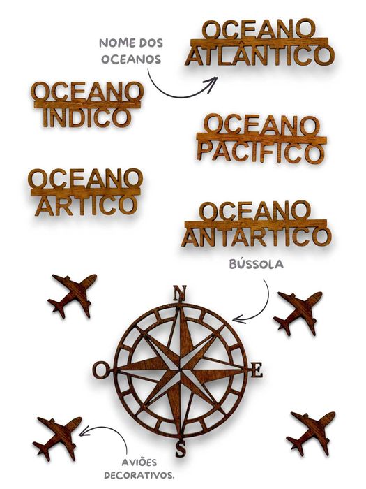 Mapa mundo em madeira decoração de parede com relevo 3d