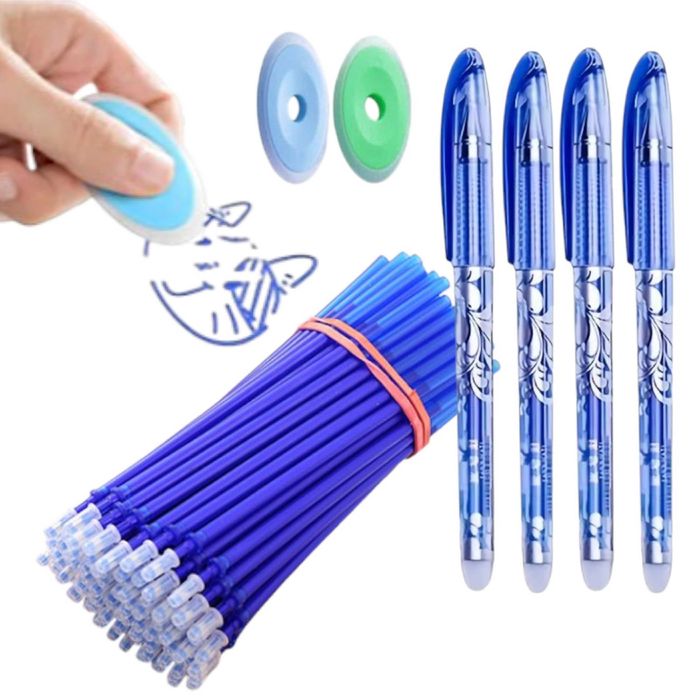 4x Długopis Zmywalny Ścieralny Z Gumką Zestaw 2X gumka + wkład 50szt