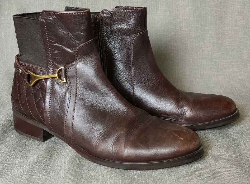 Skórzane brązowe zimowe buty botki damskie