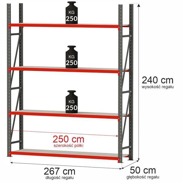 Regał magazynowy 4-półkowy Mega-M FORTIS 240x267x50 cm moduł bazowy