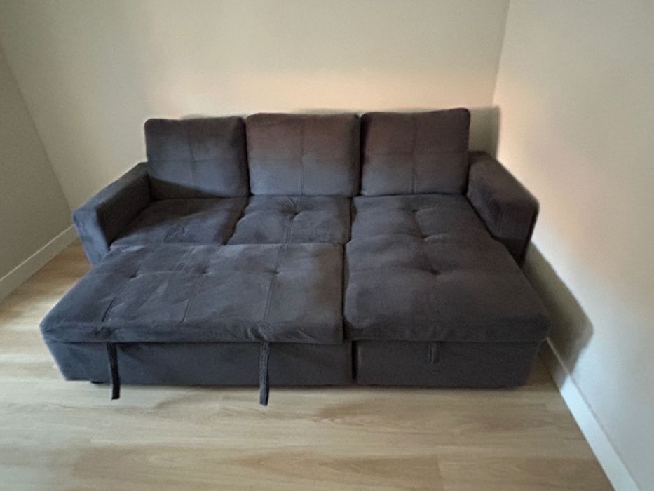 Sofá cama com chaise longue e arrumação – Cinzento escuro | Conforama