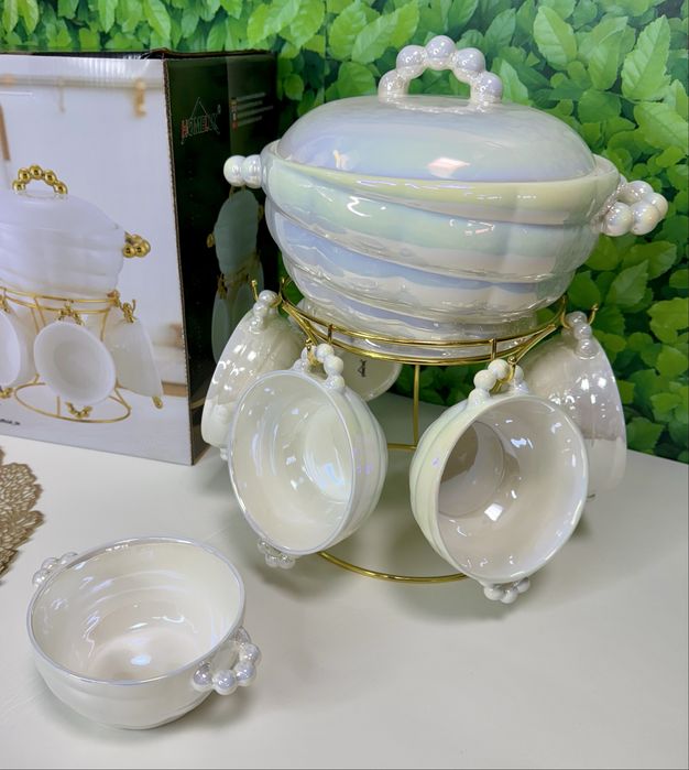 Zestaw obiadowy. Do zupy.waza i miseczki. Perłowy. Idealny na prezent