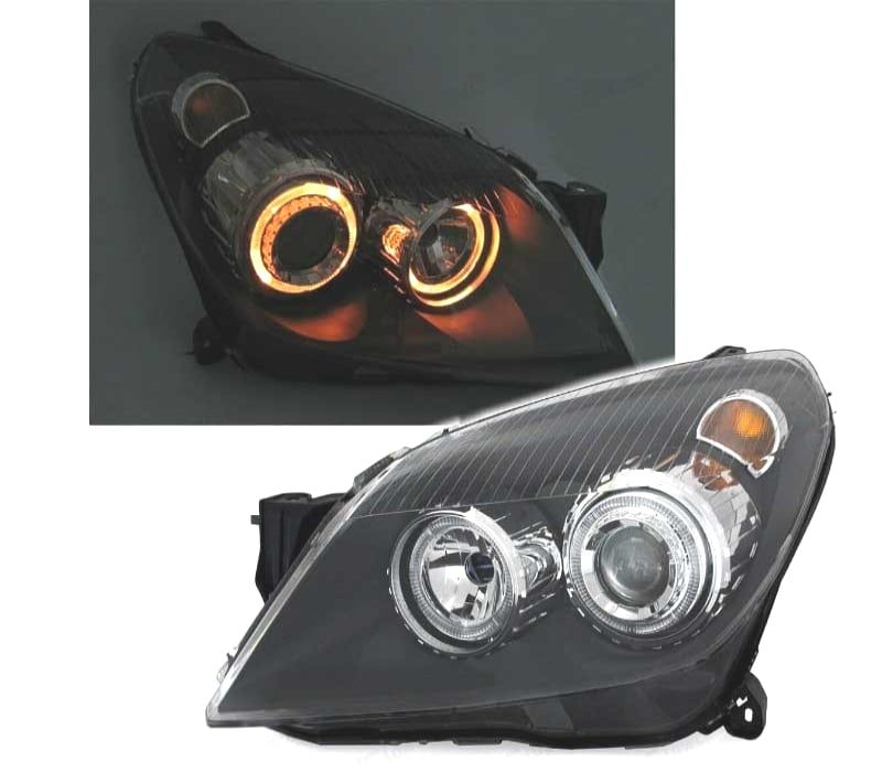 FARÓIS FRONTAIS ANGEL EYES OPEL ASTRA H FUNDO PRETO