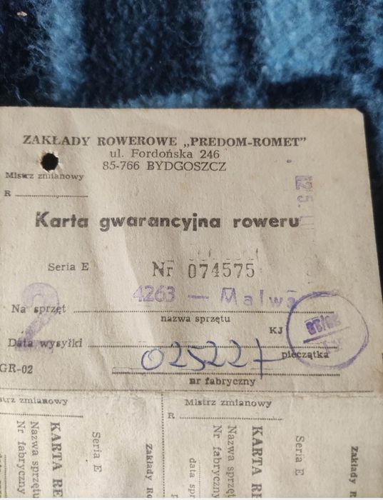 Karta gwarancyjna Predom Romet Roweru Malwa 1981