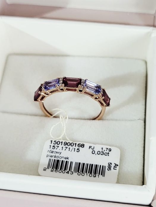 Pierścionek APART diamenty tanzanit  rodolit różowy złoto  próba 585