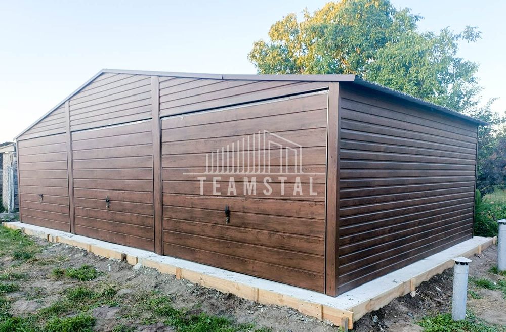 GARAŻ BLASZANY 9m x 6m - dwuspad 3x Brama ciemny orzech TS258  9x6