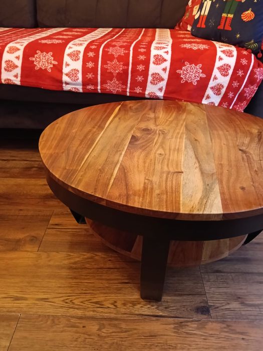 Stolik kawowy retro industrialny drewno i stalowe czarne nogi