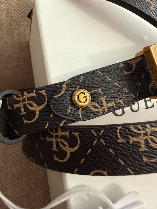 Guess oryginalny nowy pasek monogram brązowy logo złota klamra S + pudełko