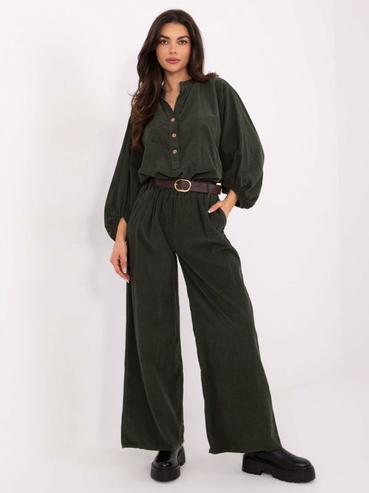 Khaki sztruksowe spodnie ITALY MODA – szerokie nogawki i pasek