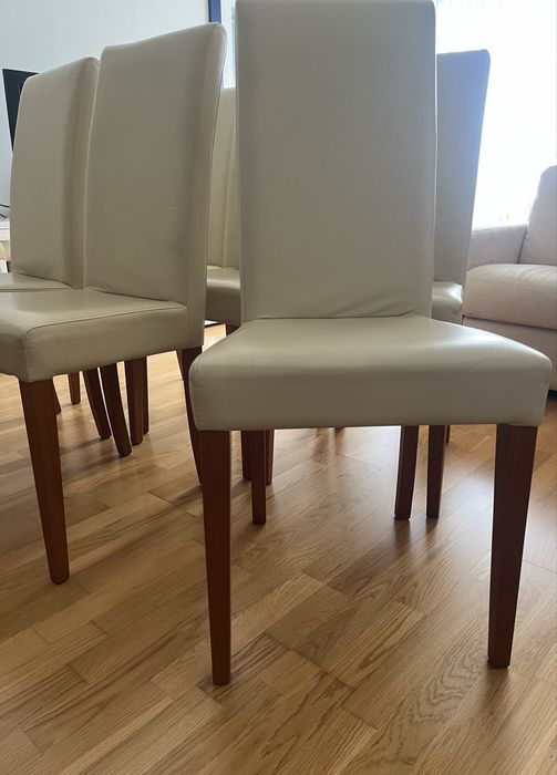 6 Cadeiras de Mesa de Jantar em Carvalho e Pele Bege