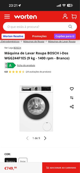 Máquina de Lavar Roupa BOSCH i-Dos WGG244F1ES (9 kg - 1400 rpm
