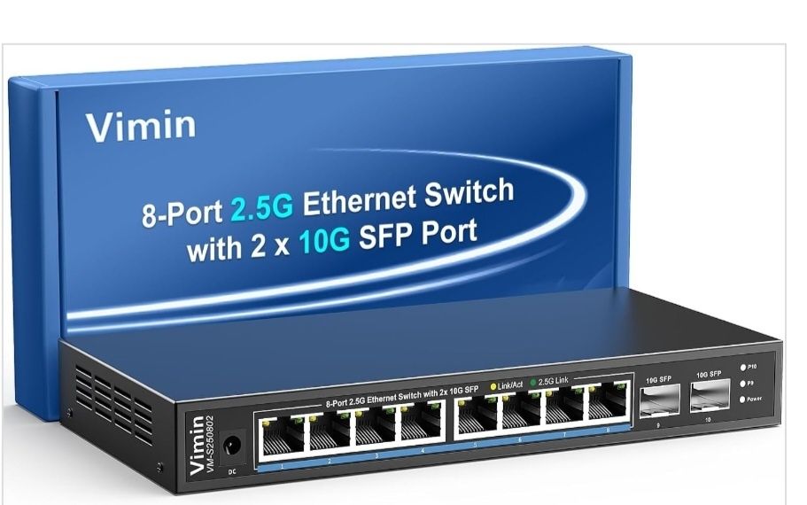 Некерований комутатор Ethernet VIMIN з 10 портами 2.5 ГГц модель VM-S250802 8 портів Ethernet 2,5 Гбит/с + 2 порта SFP 10 Гбит/с