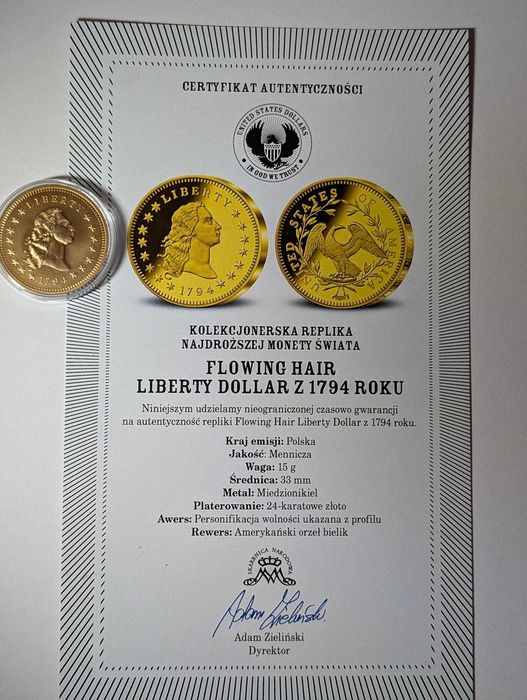 Moneta Replika Flowing Hair Liberty Dollar 1794 – Skarbnica Narodowa + Certyfikat