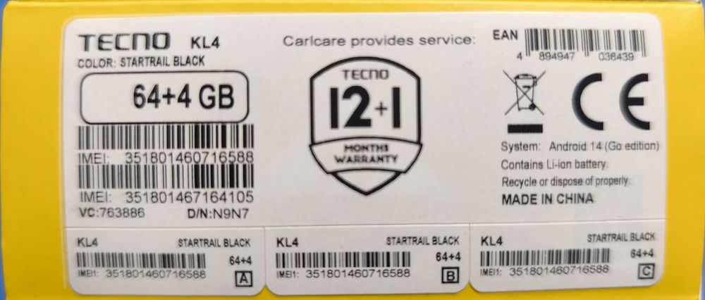 Tecno spark go 1 , 4/64