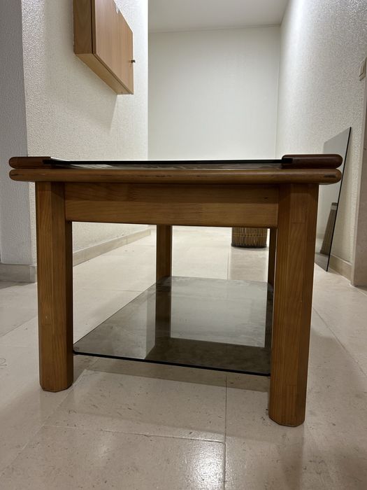 Mesa de apoio/centro de madeira maciça e vidro - Vintage