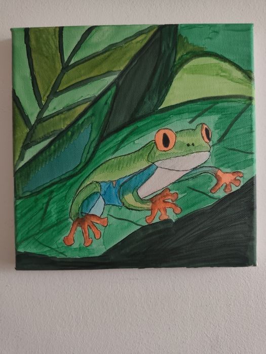 Ręcznie malowany obraz „Żaba w dżungli” – 20 × 20 cm