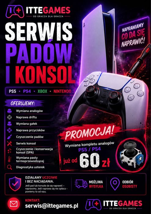 Serwis padów i konsol PS5 PS4 Xbox Nintendo | Drift | Analogi | ItteGames