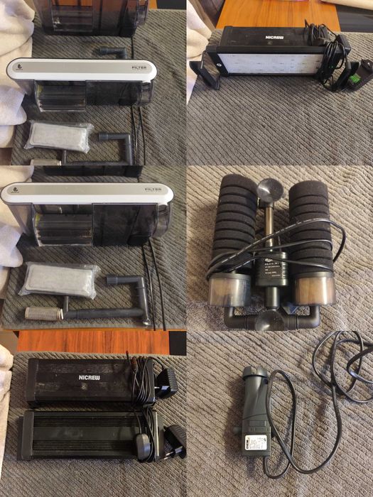 Vários filtros, acessórios e iluminação aquário