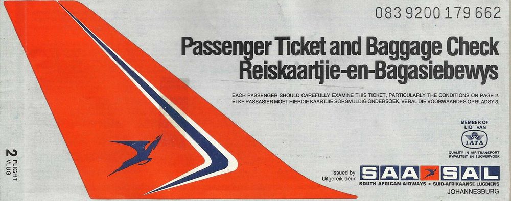 Aviação Comercial - SAA - SOUTH AFRICAN AIRWAYS - Bilhete Antigo 1981