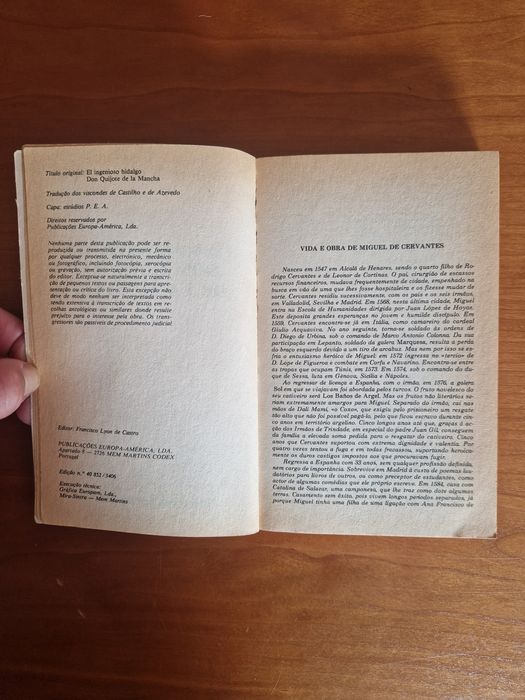 Romance "D. Quixote",  Volumes I e II, de Cervantes