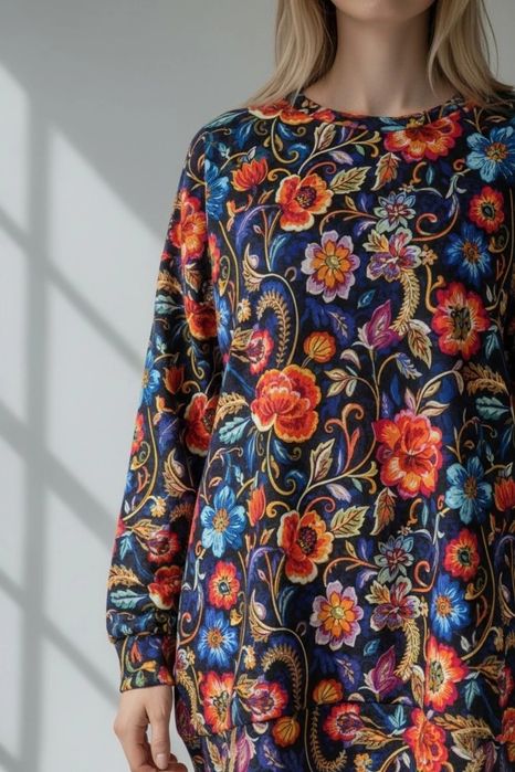 Auri Lili nowa bluza oversize Santosza folkowe kwiaty kaptur S-XL hand