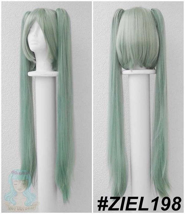 Zielona długa peruka z kitkami grzywką Hatsune Miku Vocaloid cosplay wig zielony długi