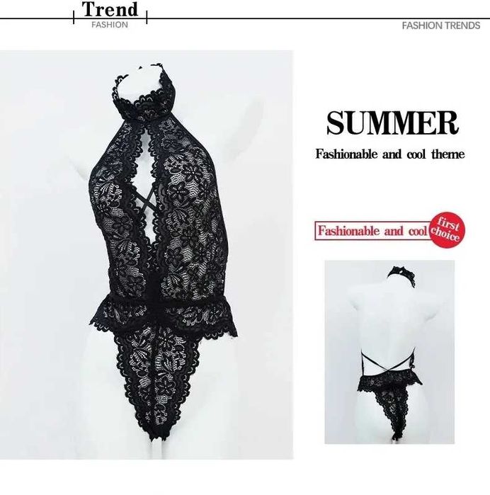 Seksowny kombinezon z wycięciem na plecach koronkowy czarny rozmiar L