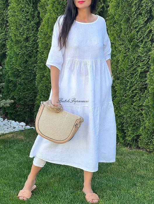 Lniana sukienka midi na lato Oversize