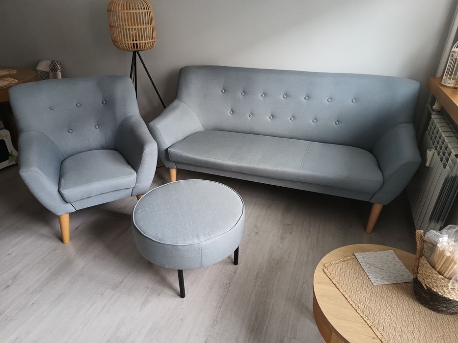 Sofa , fotel, pufa szaroniebieski zestaw