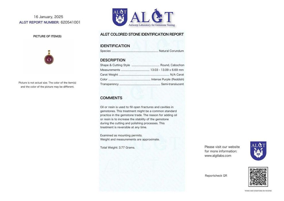 Certificado ALGT - Colar de Rubi Natural