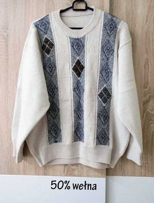 sweter, rozm. L/XL, romby, vintage, premium, university, ciepły