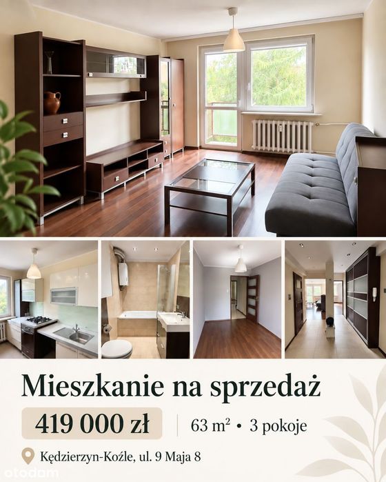 3-pokojowe mieszkanie 63 m² z balkonem i piwnicą – ul. 9 Maja 8