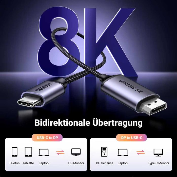 UGREEN – kabel USB-C do DisplayPort 1.4, 8K Ultra HD - 2 metry