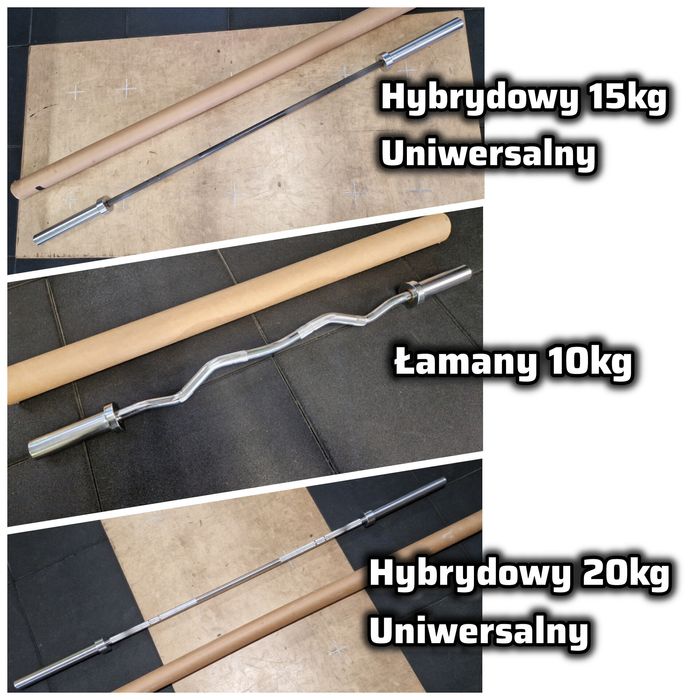 3 sztangi gryfy olimpijskie - PROUD 15kg, 20kg i łamana + zaciski + pudełka