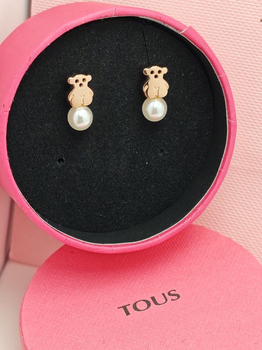 Kolczyki z misiem różowe srebro vermeil 925 z perłą