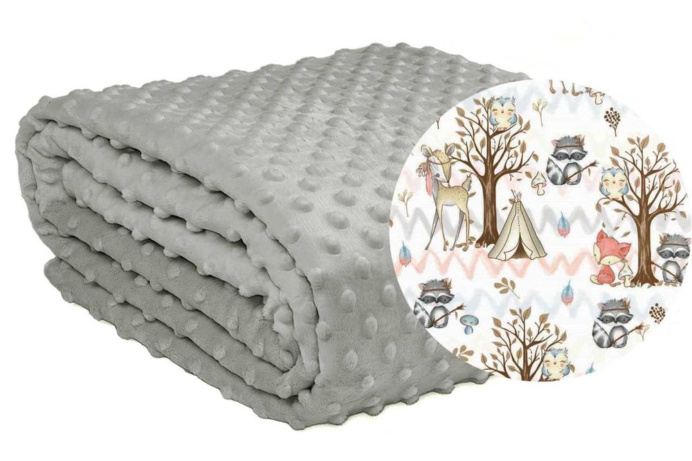 Dziecięca Dwustronna Narzuta Koc Na Łóżko 90x200 Minky Szary Zwierzęta