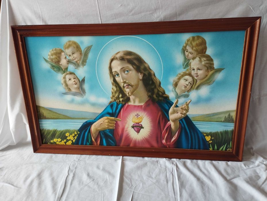 Quadro Sagrado Coração de Jesus, emoldurado em madeira